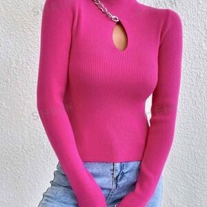 Pink Ribbed Knit Sweater with Chain Detail